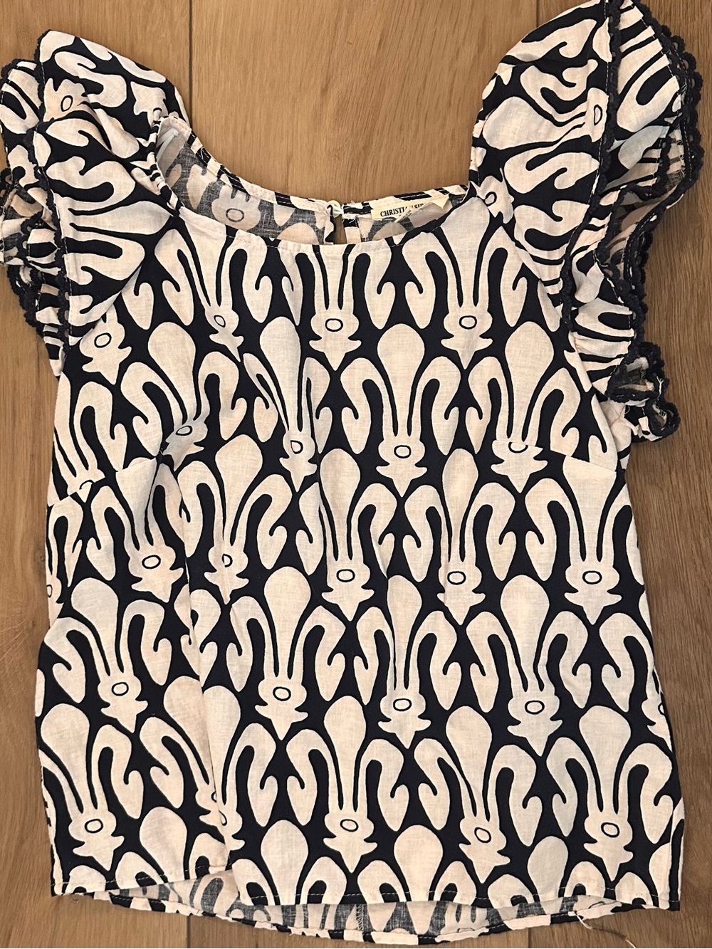 Christian Siriano Black & Cream Abstract Flutter Sleeve Top